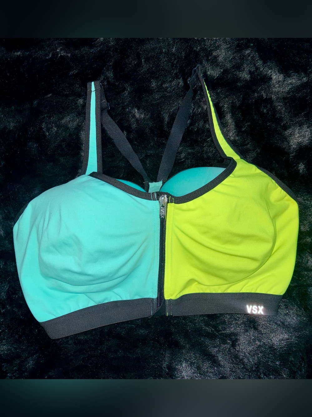 VSX Front-Zip Colorblock Sports Bra in Aqua & Lime Green